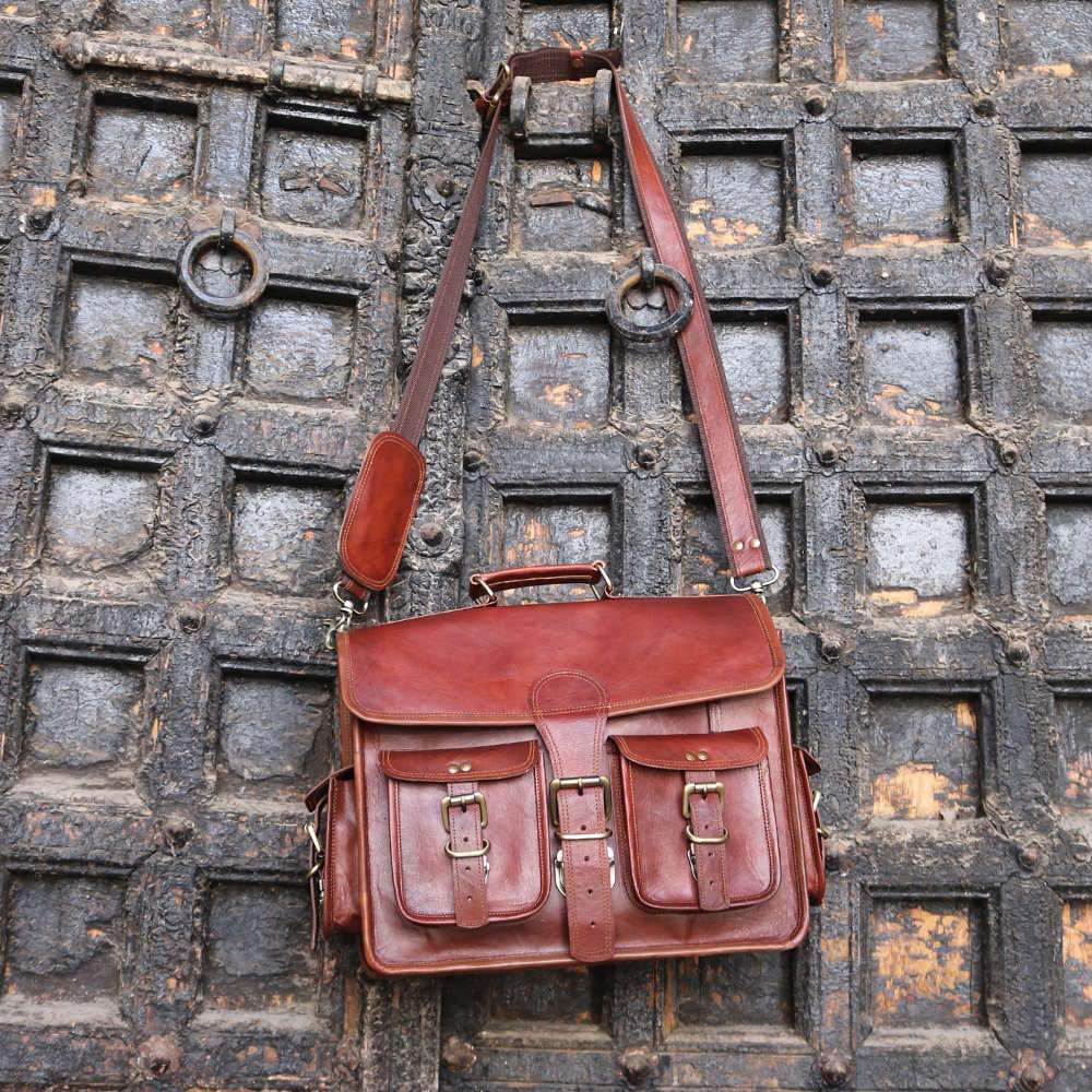 Wellington Leather Multi Pocket Briefcase Messenger Bag