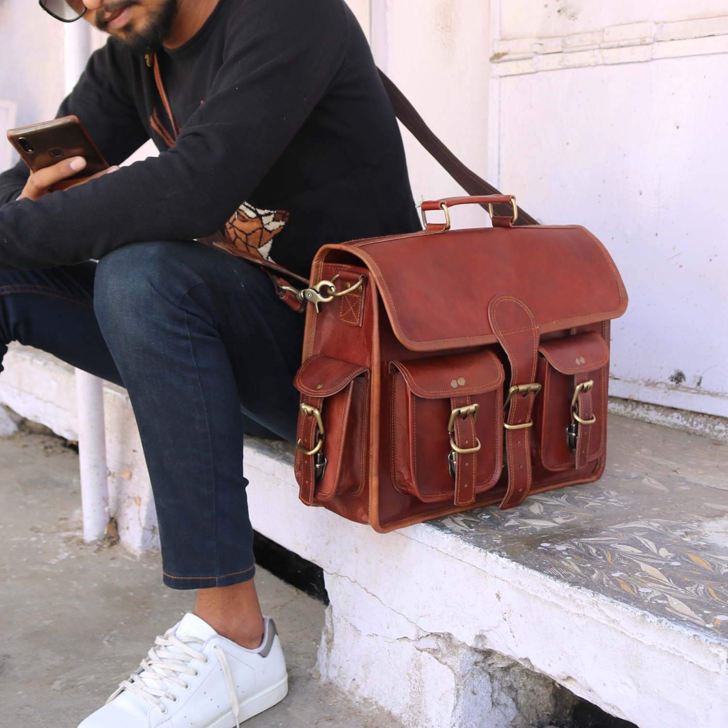 Wellington Leather Multi Pocket Briefcase Messenger Bag