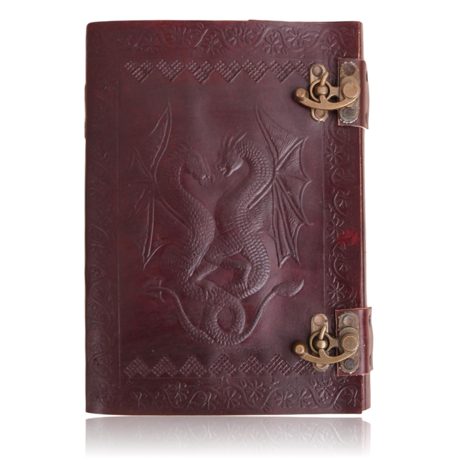 Handmade Dragon Embossed Leather Journal with Two Metal Clasp Lock Quvom